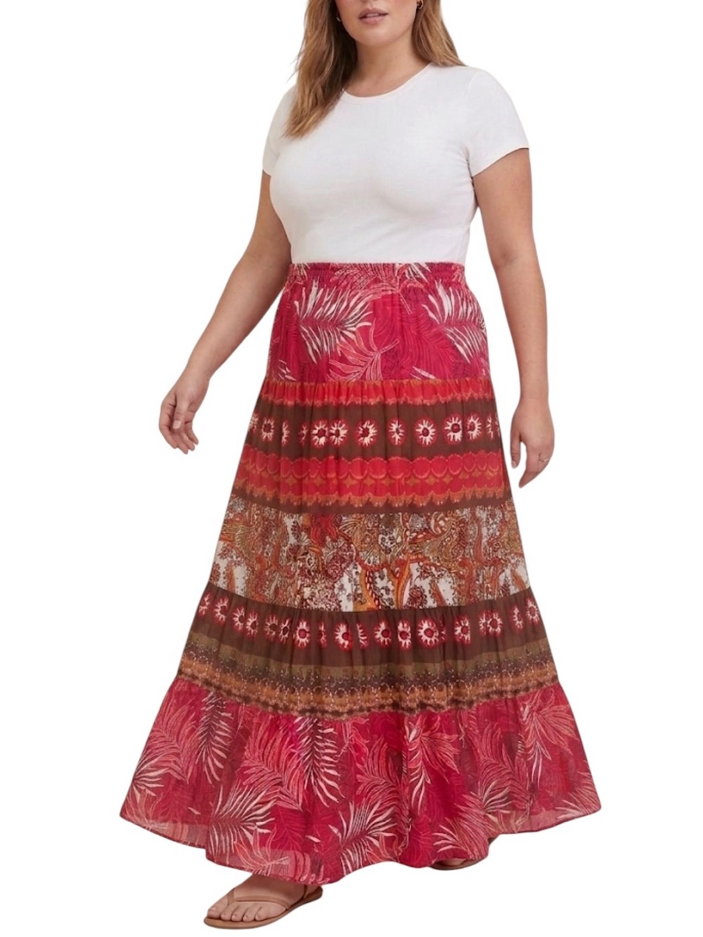 Women's Boho Colorful Patterned Tiered Maxi Skirt - Skirt Size XL Pink Red Brown